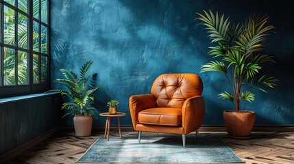 A cozy living room with a well-worn leather armchair positioned against a dark blue accent wall.