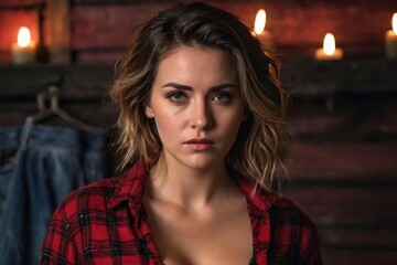 A beautiful girl in a red plaid flannel shirt with cleavage in an old house at night by candlelight. Generative AI - obrazy, fototapety, plakaty