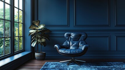 A modern living room adorned with a sleek leather armchair placed against a dark blue wall.