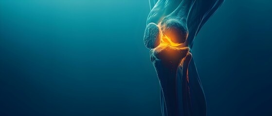 A closeup photo of a human knee joint with arthritis tendon issues and inflammation against a dark blue background. Concept Medical Photography, Arthritis Awareness, Healthcare Illustration - obrazy, fototapety, plakaty