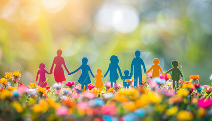 Colorful paper cutout of a family holding hands in a field of flowers with a bright, bokeh background, concept for the International Day of Families
