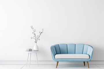 a blue couch next to a white table - obrazy, fototapety, plakaty