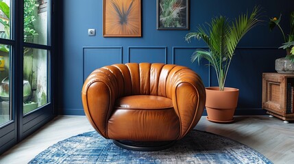 A child's playroom featuring a playful leather armchair positioned on a dark blue accent wall. - obrazy, fototapety, plakaty