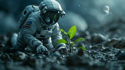 Fototapeta premium Astronaut with green plant on another planet