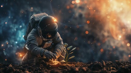 Astronaut and plant in another planet. Space exploration concept - obrazy, fototapety, plakaty