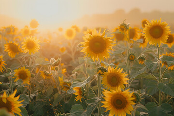 Beautiful sunflower field in a foggy morning during the sunrise