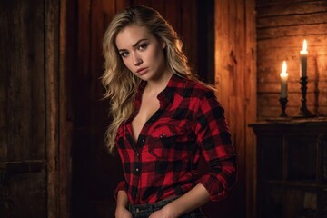 A beautiful blonde girl in a red plaid flannel shirt with cleavage in an old house at night by candlelight. Generative AI