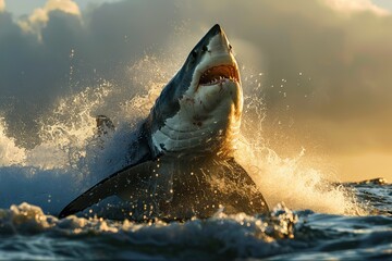 Dramatic great white shark breach  photorealistic medium shot with scenic spotlight