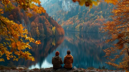 people sitting calmly Overlooking the lake surrounded by a landscape of trees and mountains. Beautiful colors that change with the seasons
