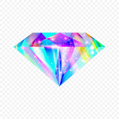 Luxirious vector diamond with rainbow color tints isolated on transparent background.
