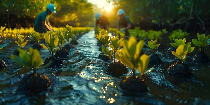 Volunteers plant mangroves to combat climate change in a coastal habitat project. Concept Climate change, Mangrove planting, Coastal habitat preservation, Volunteer engagement