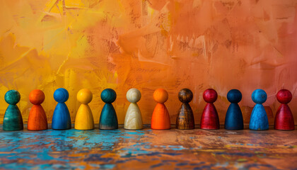 Colorful wooden figures in a row against an orange textured background, symbolizing diversity and...