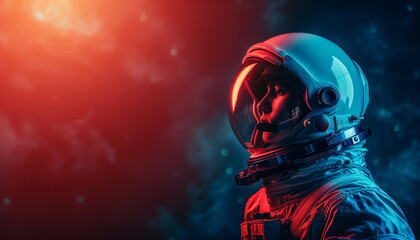 Astronaut in space suit against a red and blue nebula background, concept for the International Day of Human Space Flight - obrazy, fototapety, plakaty