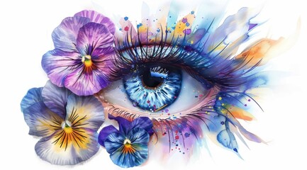 Colorful eye with flowers and watercolor splashes on white background