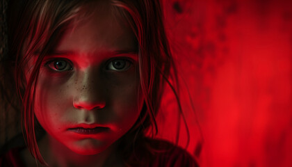 Portrait of a young girl with a solemn expression, illuminated by a red light creating a dramatic and moody atmosphere, concept for the International Day of Innocent Children Victims of Aggression - obrazy, fototapety, plakaty