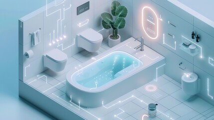 Visualize an isometric layout of a smart bathroom 