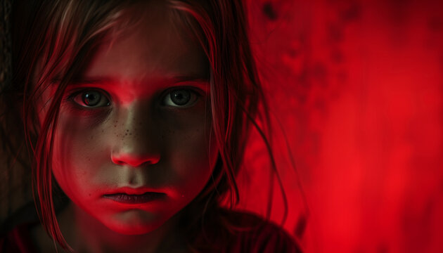 Portrait of a young girl with a solemn expression, illuminated by a red light creating a dramatic and moody atmosphere, concept for the International Day of Innocent Children Victims of Aggression