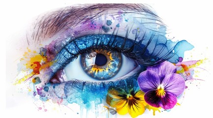 Blue eye with flowers on white background. - obrazy, fototapety, plakaty