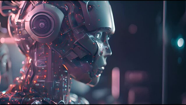 Artificial intelligence humanoid cyber robot futuristic digital technology concept. AI Robot head. Cyber robotisation. digital smart world metaverse concept Futuristic AI background.
