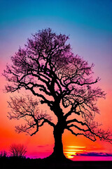 Silhouetted Silhouettes. Alone tree against the vibrant sunset sky - 774940717