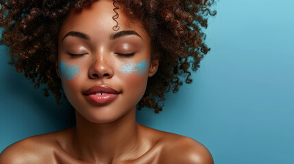 Obraz premium Portrait of a young woman with moisturizer on cheeks against a blue background, showcasing skincare and beauty.