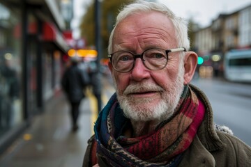 Portrait of an old man with glasses and a beard in the city