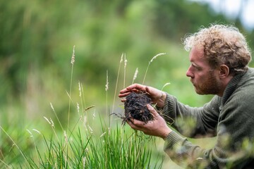 farmer collecting soil samples in a test tube in a field. Agronomist checking soil carbon and plant health on a farm