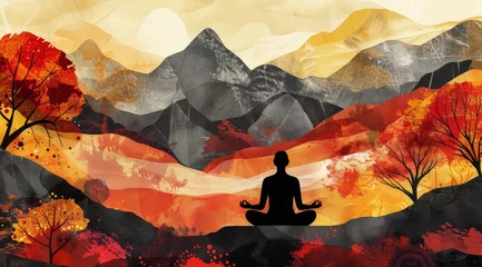 Muurstickers Yoga in lotus position on background of mountains. © Oleg