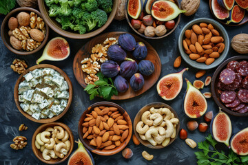 Fototapeta na wymiar Assorted Nuts, Figs, and Cheese Platter Overhead View