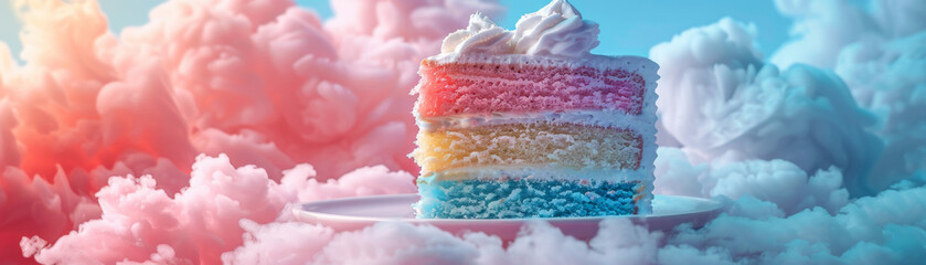 Vibrant multicolored layered cake with creamy topping surrounded by fluffy pink and blue clouds, presented in a fantasy style - obrazy, fototapety, plakaty
