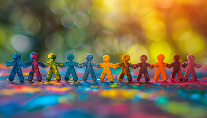 Colorful plasticine human figures holding hands on a vibrant background, symbolizing unity and diversity, concept for the International Day of Living Together in Peace