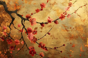 Ancient oriental golden plum blossom painting, luxurious Asian art with shimmering gold leaf textures, digital illustration
