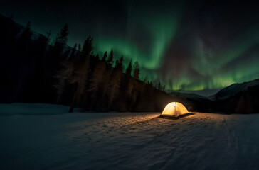 Mountain Night Glow: A serene landscape with a moonlit sky, reflecting in calm waters, under the northern lights