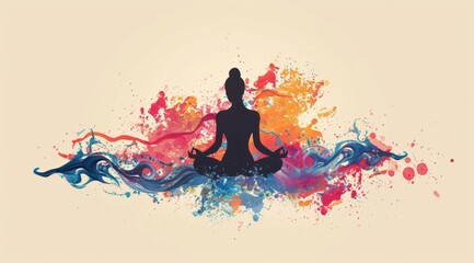 Yoga woman silhouette in lotus pose on colorful watercolor background