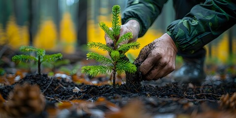 Hands planting a pine tree in a forest symbolizing reforestation and environmental rehabilitation efforts. Concept reforestation, environmental conservation, tree planting, forest restoration - obrazy, fototapety, plakaty
