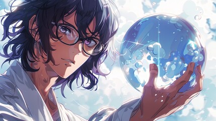 Anime illustration. Portrait of Japanese man wearing glasses holding crystal ball in his hand against cloudy sky background. Cartoon art style. Concept of fantasy, fiction, fairy tale, fantastic.