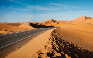 Fototapeta na wymiar caravan go by sand dunes in Sahara desert in Morocco