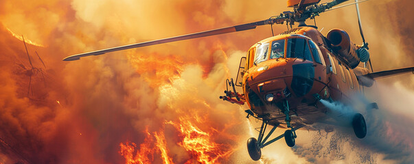 Firefighting helicopter putting out a fire on a burning mountain