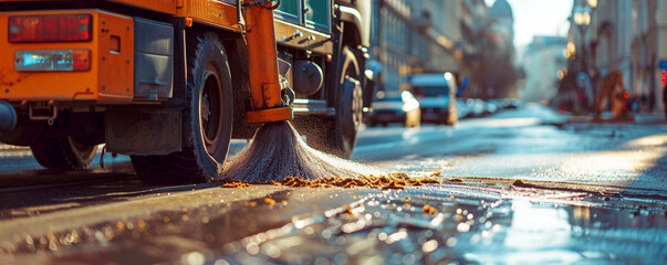 Street sweeping vehicle in the city