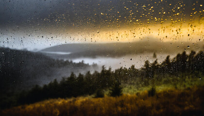 raindrops on glass, Condensation and raindrops form an artistic pattern on a glass surface,...
