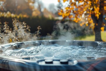 Bubbling hot tub in a backyard with steam and water jets - Outdoor relaxation scene