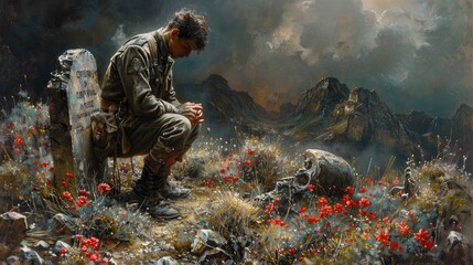 A classic oil painting of a soldier kneeling at the grave of a fallen comrade, their head bowed in silent reverence. - obrazy, fototapety, plakaty