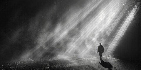 In the eerie foggy darkness, a solitary man stands alone, embodying solitude and mystery - obrazy, fototapety, plakaty