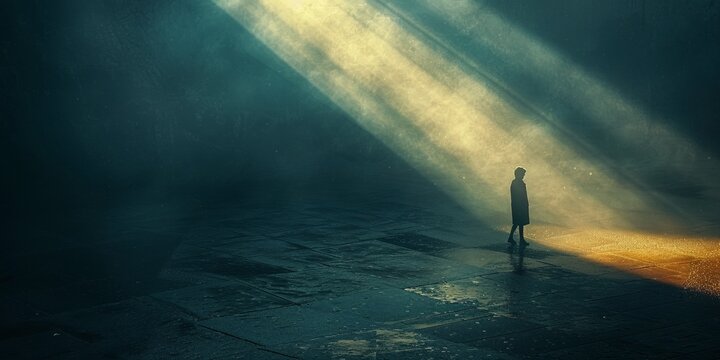 A lone silhouette journeys through the dark, seeking hope and freedom towards a distant light