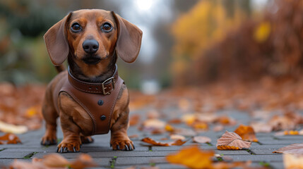 Brown dachshund dog with collar sitting on a path with autumn leaves.