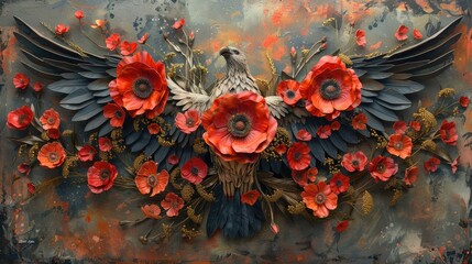 A digital artwork featuring a collage of poppies, the symbolic flower of Memorial Day, arranged in the shape of an American eagle. - obrazy, fototapety, plakaty
