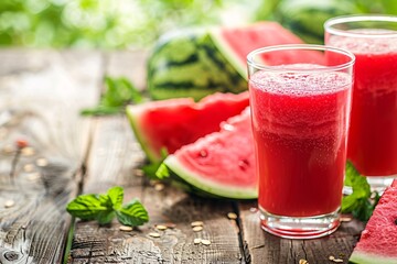 a glass of watermelon juice next to a watermelon slice