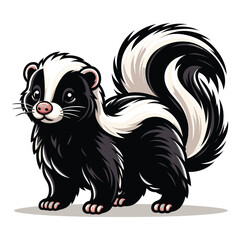 Obraz premium Skunk full body vector illustration, fauna animal concept, wild mammal skunk with a large fluffy tail and black white stripe along the body. Design template isolated on white background