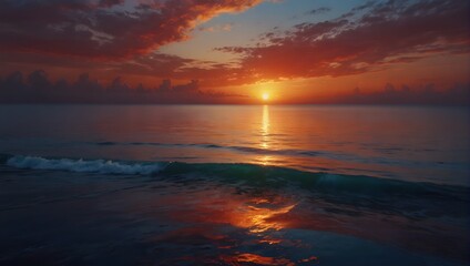Fototapeta na wymiar A vivid sunset blending into a serene ocean horizon, using a palette of fiery reds, cool blues, and gentle purples Generative AI