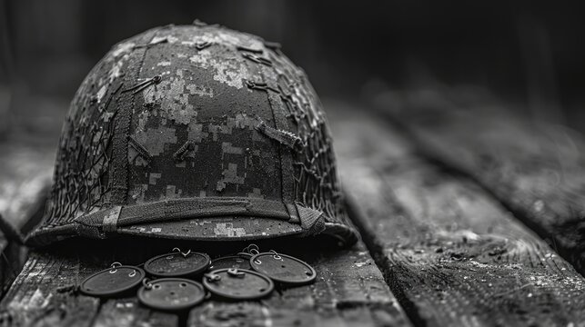 A black and white photograph of a worn-out military helmet and dog tags resting on a weathered wooden table.